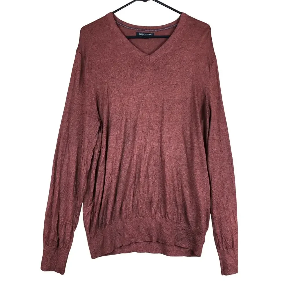 Banana Republic Mens Sweater Burnt Orange Brown V Neck Silk Cashmere Blend XL